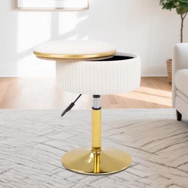Imagem de LITZFUR Banqueta ajustável para sala de maquiagem, cadeira pequena giratória de 360°, apoio para os pés otomano redondo para sala de estar e quarto (veludo, ouro bege, 33 cm)
