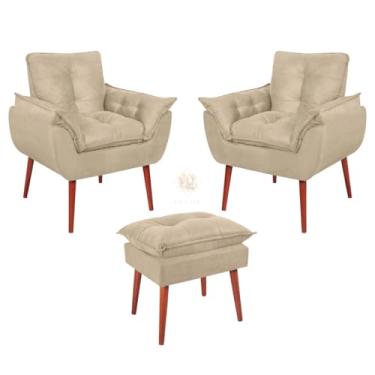 Imagem de Kit 2 Poltronas Decorativas Opala + Puff Opala Vit Decor – Fibra Siliconada, Suede Premium, Pés Palito, Sala, Quarto, Recepção Bege (Bege)