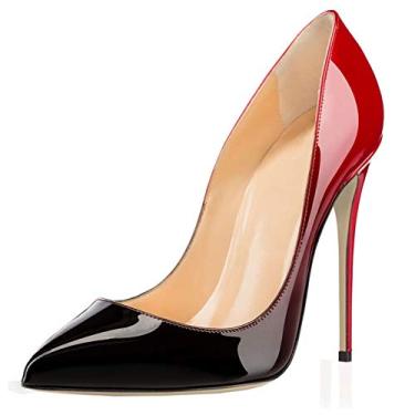 Imagem de Sapato social feminino Coleter bico fino com estampa de animal patenteado salto alto, Gradient Red to Black With 12cm Heel Height, 8