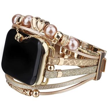 Imagem de EverSnows Pulseiras de couro compatíveis com Apple Watch 42 mm, 44 mm, 45 mm, 49 mm, Ultra, multicamadas com decoração de contas e corrente de substituição para Apple Watch SE SE2 8 7 6 5 4 3 2 1 feminino e homem