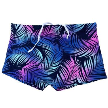 Imagem de Sunga Boxer Infantil Natação Folhas Azul Roxa Proteção Uv Praia Piscina Nadar Banho-Masculino