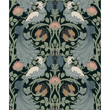 Imagem de FunStick Papel de parede verde escuro e azul descasque e cole folhas vintage pássaros papel de parede floral removível 44,5 cm x 299,7 cm