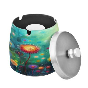 Imagem de Blueangle Cinzeiro de pintura de flores coloridas com tampa para cigarros, à prova de vento/chuva, aço inoxidável, sem fumaça, inodoro, cinzeiro para uso interno ou externo (285)