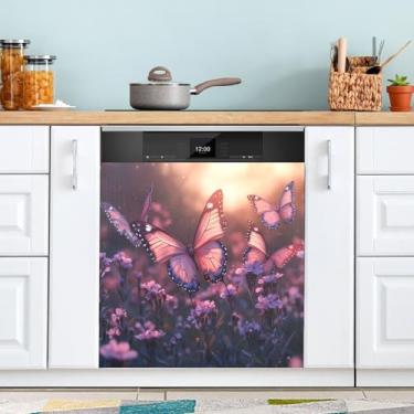 Imagem de ATTX Linda capa de ímã de lava-louças de borboletas rosas, 58 cm C x 66 cm A decoração da capa frontal da máquina de lavar louça, adesivos de eletrodomésticos para armário doméstico nº 1