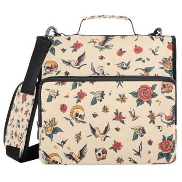 Imagem de SEHANY Fichário com zíper de caveira e flor com alça de ombro, capacidade para 500 folhas, vários bolsos, 3,8 cm, fichário com zíper com 3 anéis