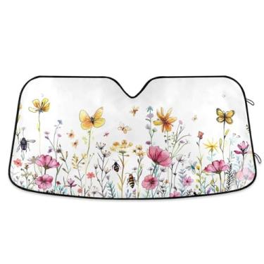 Imagem de ATTX Guarda-sol para para-brisas de carro Herbal Wildflowers 134.6 cm x 59.7 cm Protetor solar universal com proteção UV, persiana de janela frontal automática dobrável para Sedans SUVs caminhões #147