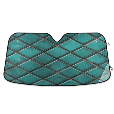 Imagem de ATTX Para-brisa de carro xadrez geométrico aquarela azul-petróleo 144.8 cm x 80.0 cm Escudo solar universal com proteção UV, persiana de janela frontal automática dobrável para Sedans SUVs caminhões