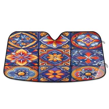 Imagem de ATTX Para-brisa de carro com azulejo de cerâmica mexicana 134.6 cm x 59.7 cm Escudo solar universal com proteção UV, persiana de janela frontal automática dobrável para caminhões Sedans SUVs #670