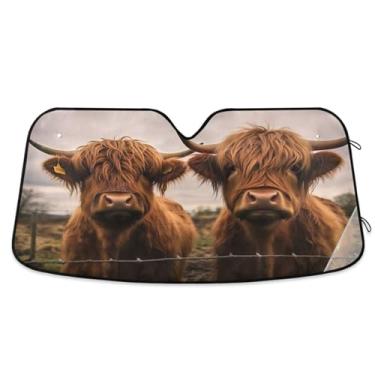 Imagem de ATTX Para-brisa de carro Two Scottish Highlands Cow 139.7 cm x 70.1 cm Protetor solar universal com proteção UV, persiana de janela frontal automática dobrável para caminhões Sedans SUVs #595