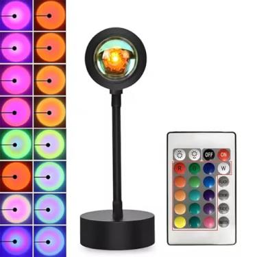 Imagem de Luminária LED Sunset com Projeção RGB, 16 Cores, Controle Remoto, Base Circular, Altura 18cm, Portátil, Decorativa para Quarto, USB e Bateria, Luz Noturna com Tripé