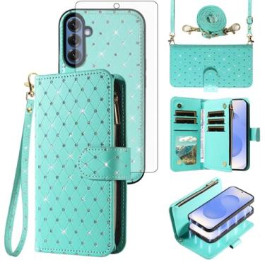 Imagem de Asuwish Capa de celular para Samsung Galaxy A56 5G carteira com zíper destacável capa de celular magnética com protetor de tela alça transversal alça com glitter compartimentos para cartão A 56 56A