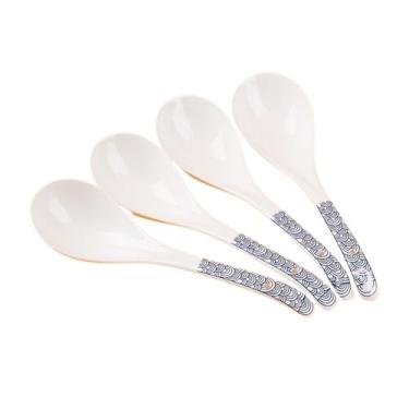 Imagem de Concha de sopa Colher de sopa cerâmica japonesa 4 peças, porcelana, cabo longo, colher arroz com estampa azul, tradicional chinesa, congee, macarrão(Grande)