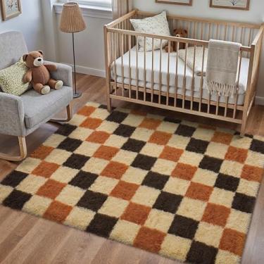 Imagem de PureCozy Tapete quadriculado 10 x 15 cm para sala de estar, tapete felpudo moderno colorido super macio lavável tapete felpudo para quarto, casa, dormitório, decoração estética