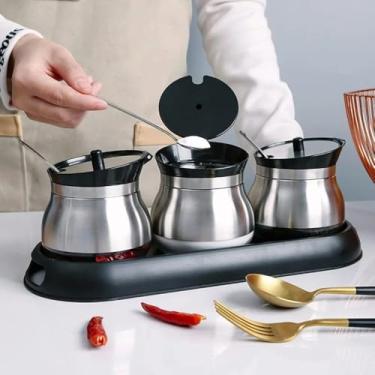 Imagem de Conjunto Porta Condimentos 3 Unidades 250ml Inox – Potes de Vidro com Colheres e Suporte, Organização Elegante para Temperos e Cozinha Moderna
