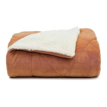 Imagem de Cobertor Sherpa Dupla Face Queen, Caramelo e Branco, 2,20m x 2,40m, Pele de Carneiro Sintética