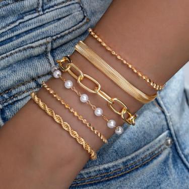 Imagem de Pulseiras femininas com contas de pérola empilháveis em camadas douradas e acessórios para joias, Medium, Latão, Sem Pedra Preciosa