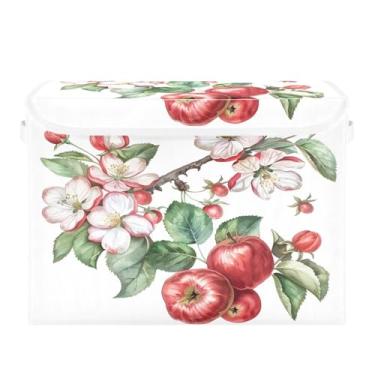 Imagem de CEBUGI Caixotes de armazenamento com tampas, caixa de armazenamento de tecido dobrável, maçãs, flores, cubos, organizadores para armário de casa, prateleiras de quarto, 40 x 30 x 30 cm