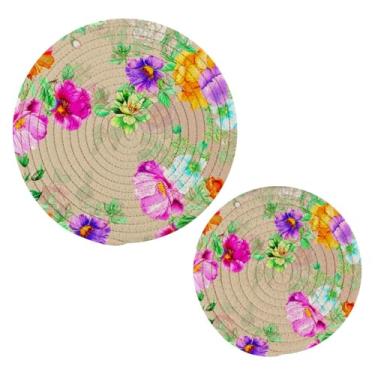 Imagem de Wassud Conjunto de trivet flores coloridas trivet esboçado para pratos quentes suportes de panela redondos almofadas quentes de algodão porta-copos resistentes ao calor para decoração de cozinha