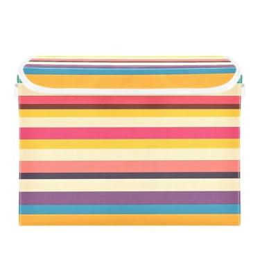 Imagem de CEBUGI Caixotes de armazenamento com tampas, caixa de armazenamento de tecido dobrável, caixas organizadoras de cubo de listras horizontais para prateleiras de quarto de armário de casa 40 x 30 x 30