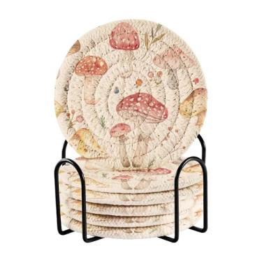 Imagem de SEHANY Conjunto de 6 porta-copos de cogumelos florestais com suporte, porta-copos redondos absorventes de algodão resistente ao calor para mesa de jantar, canecas de café, 10 cm