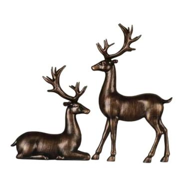 Imagem de Kuntesetty Conjunto de 2 estatuetas de renas e alces, decoração simples em estilo europeu para casa, ideal para estantes de restaurantes, lareiras e mesas, Bronze