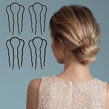 Imagem de 4 peças de pentes de cabelo de metal para garfo de cabelo, grampo de cabelo para coque, em forma de U, acessórios de cabelo vintage (pente de quatro dentes, 8,8 x 5 cm)