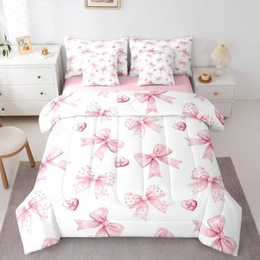 Imagem de Jogo de cama infantil kawaii, rosa, com laço fofo, nó de borboleta, aquarela, 7 peças, conjunto de edredom com lençóis, princesa romântica, laço borboleta para meninas