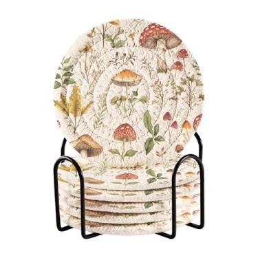 Imagem de SEHANY Conjunto de 6 porta-copos de cogumelos florestais com suporte, porta-copos redondos absorventes de algodão resistente ao calor para mesa de jantar, canecas de café, 10 cm