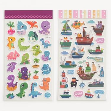 Imagem de Kit com 2 Folhas, Adesivos Decorativos, Scrapbook, Dinossauros e Barcos, Marcadores para Cadernos e Livros, Colorido