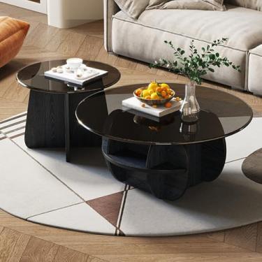 Imagem de Simple Modern Coffee Table set of 2, Glass Tabletop, Thickened Wooden Base, Rounded Corners, Well-shaped Base Design, Suitable for Living Room and Bedroom(Black,70 * 35+50 * 40cm/28 * 14+20 * 16in)