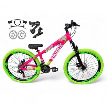 Imagem de Bicicleta Aro 26 Vikingx Tuff Câmbios Shimano Freio Hidráulico 21v Freeride Aro Vmaxx Flame rosa-Verde X25