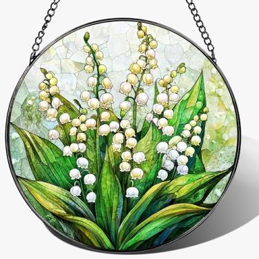 Imagem de LAOWEIKI Ornamento de apanhador de sol de lírio do vale, vitral, apanhadores de sol para pendurar em janelas, decoração de janela | Presente para amantes de flores, Dia das Mães, Natal, presentes de