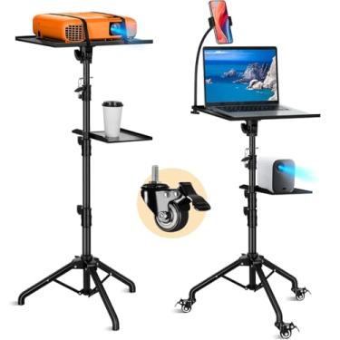 Imagem de 66 a 135 cm Tripé para Projetor, Tripé para Laptop com Rodas com 2 Prateleiras, Suporte de Tripé para Projetor Ajustável, Suporte Portátil para Projetor de Chão