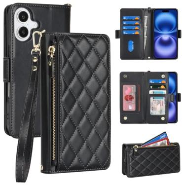 Imagem de Jaorty Capa carteira flip compatível com iPhone 16 para Apple 16 couro PU preto, losango para mulheres e homens, bolso com zíper, suporte, alça de pulso, porta-cartão, 16 cm
