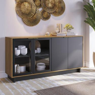 Imagem de Aparador Buffet Vitoria 160cm 4 Portas De Giro - Ssx Multicoisas Cor Noce Milano/preto Fosco