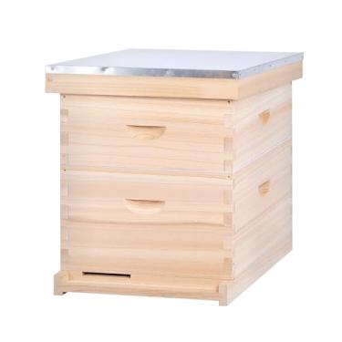 Imagem de POLLIBEE Kit inicial de colmeia e suprimentos para colmeia de abelha com 10 molduras, colmeia de mel inclui 1 caixa de abelhas profunda, 1 caixa média com moldura de colmeia e folha de base revestida com cera de abelha