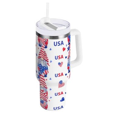 Imagem de ODAWA Copo grande com isolamento de outono com tampa e canudo, lindos gnomos bandeira dos EUA copo com isolamento de parede dupla