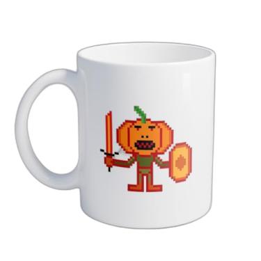 Imagem de Caneca Xícara de Café Porcelana 300ml Arte Pixel Guerreiro Abóbora
