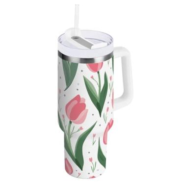 Imagem de ODAWA Copo de tulipas rosa e branco de 1,134 g isolado com alça e palha, copos com isolamento duplo