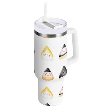 Imagem de Copos isolados de aço inoxidável 1,134 g com alça e tampa de palha, bolas de arroz branco isolado copo de viagem