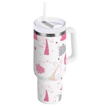 Imagem de ODAWA Copo grande com isolamento de parede dupla, copos de aço inoxidável isolados com palmeira de dinossauro com alça e canudo