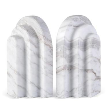 Imagem de Terminais de livros de mármore natural - Suportes de livros resistentes para prateleiras - Suporte de livro de pedra com design de arco em camadas estéticas, decoração moderna de suporte de estante de