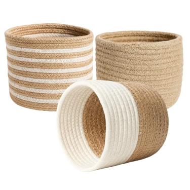 Imagem de FAB CASTLE Cesta redonda de juta, algodão, corda, tecido, plantador, interior, vaso de flores, cesto de armazenamento, recipiente para casa, rústico, decorativo, simples (pacote com 3)