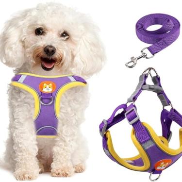 Imagem de Peitoral ajustável para cães pequenos e médios, colete refletivo confortável com conjunto de coleira e clipes duplos, equipamento de caminhada seguro e leve para animais de estimação