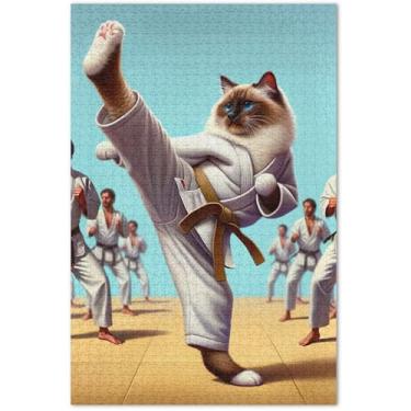 Imagem de Quebra-cabeça engraçado gato karatê 500 peças para adultos pintura de arte floral natureza quebra-cabeça família amantes presentes, 51 x 35 centímetros