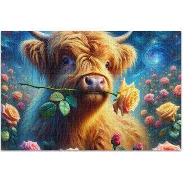 Imagem de Rose Highland Vaca Bezerro Floral 1000 Peças Quebra-cabeça para Adultos Amigos Família Jogo Presentes Divertido Brinquedo Adulto Animal Art Puzzle, 75 x 40 centímetros