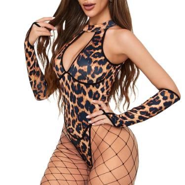 Imagem de Dicosky Conjunto de meias arrastão pretas com estampa de leopardo decote em V e costas nuas, lingerie cruzada, fantasia G