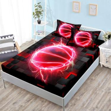 Imagem de HOSIMA Lençol solteiro com elástico de basquete, envolto em chamas, fundo geométrico preto e vermelho, para decoração de quarto de crianças, meninos, 1 lençol com elástico + 2 fronhas.