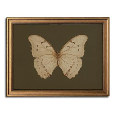Imagem de Arte de parede emoldurada dourada em tela de borboleta vintage, arte de parede com borboleta branca, estampa de inseto, imagem para sala de estar, quarto, casa de fazenda, banheiro, escritório, 30 x