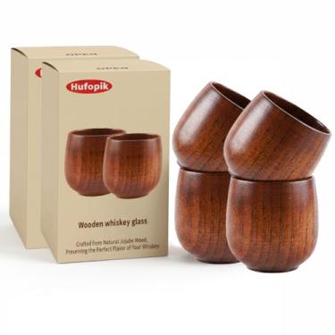 Imagem de Hufopik 4 peças de copos de uísque de madeira, presentes de vidro de bourbon para homens, copos de degustação de uísque Bourbon à moda antiga – presentes de padrinhos, presente de aniversário do pai e